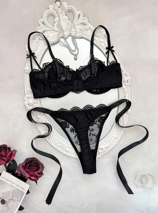 Cassandra 2 piezas de lencería sexy con bordado romántico con cordones y tanga para mujer