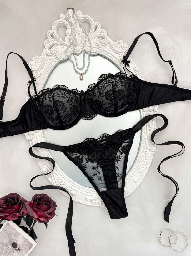 Cassandra 2 piezas de lencería sexy con bordado romántico con cordones y tanga para mujer