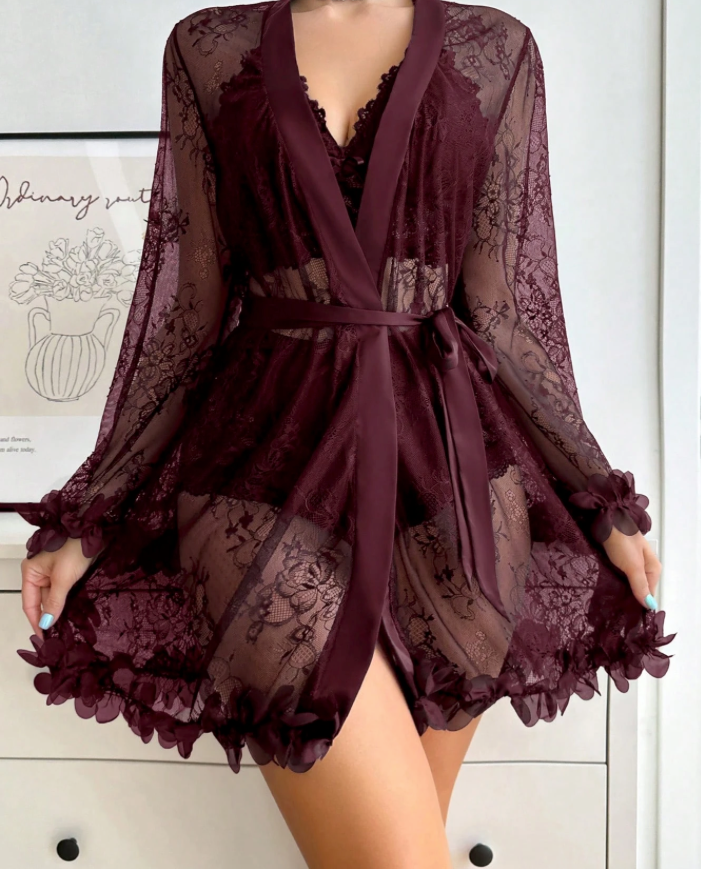 Gabriela conjunto de pijama para mujer con top de tirantes de encaje floral, shorts y bata de manga larga