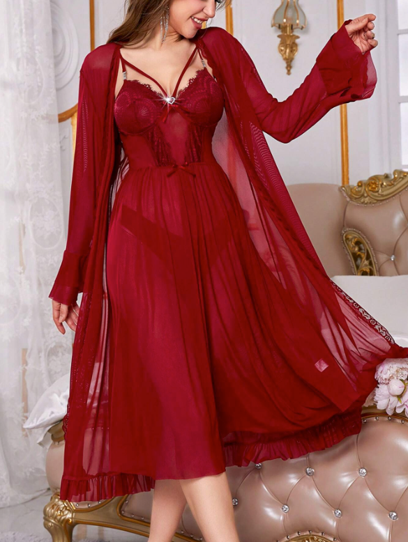Isadora conjunto de pijama con vestido deslizante de encaje rojo con efecto visto y bata para mujer