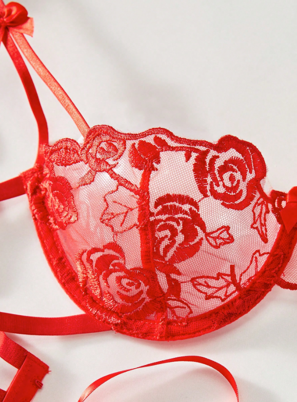 Alessia 2 piezas Conjunto de lencería roja para mujer, sujetador y pantie con bordado floral