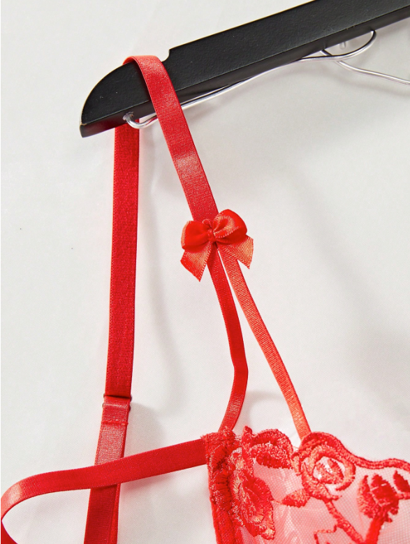 Alessia 2 piezas Conjunto de lencería roja para mujer, sujetador y pantie con bordado floral