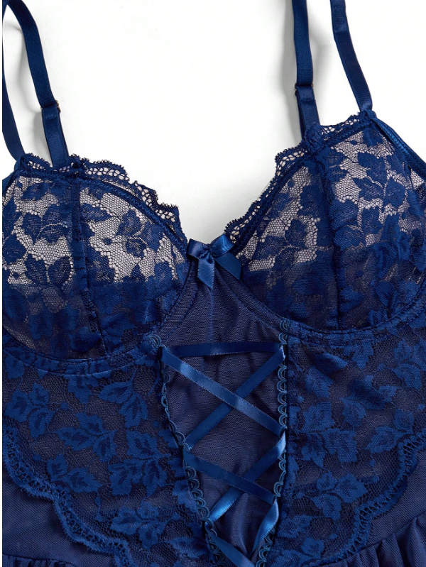 Isabella conjunto babydoll de 3 piezas encaje de contraste y malla con ligeros